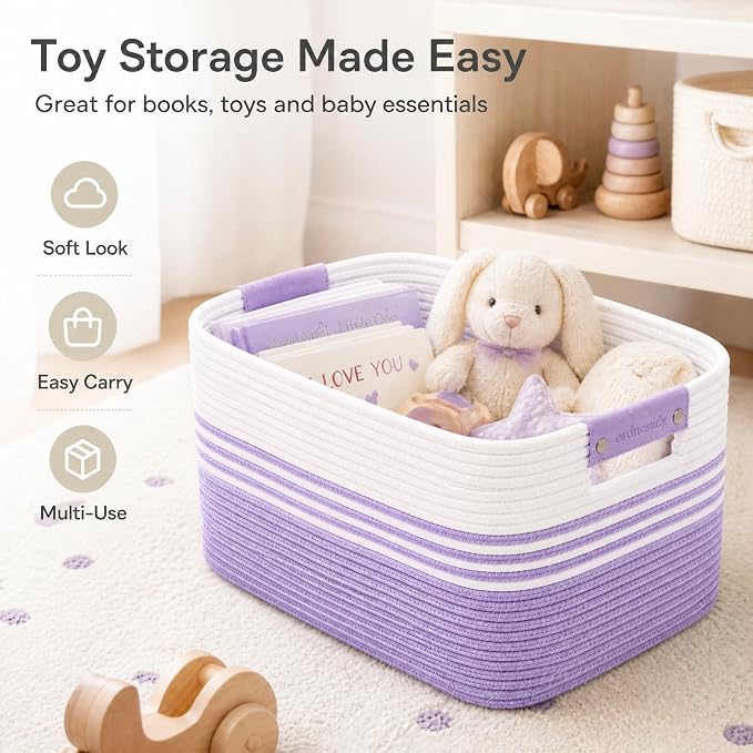 22.8GAL Xl Extra Large Laundry Basket for Bathroom, Dorm Dirty Clothes, Sturdy Portable Aesthetic Boho Cute Woven Storage Shoes Blanket Baskets for Living Room Decor Girls Boys Pets Toys White Purple