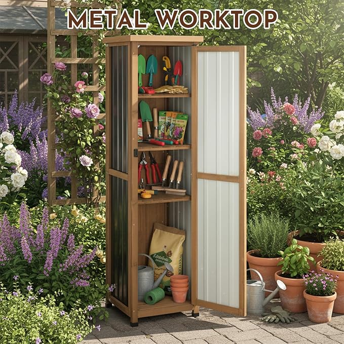 Ketive 62" Tall Outdoor Storage Cabinet, Narrow Garden Storage Cabinet with Adjustable Shelves, Slim Wood & Metal Tool Organizer for Patio, Garden, Porch, Garage or Indoor Storage