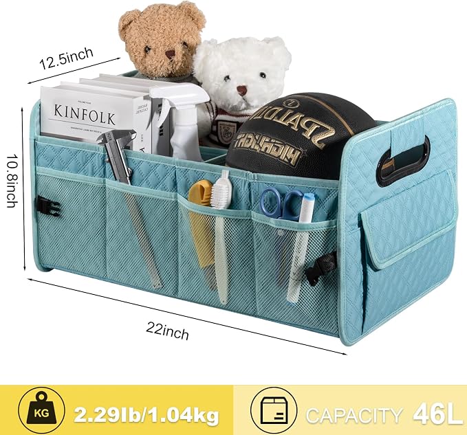 Car Trunk Organizer for SUV, Collapsible Car Storage Organizer Lake Blue | Sturdy, Large Capacity, Diamond Decor, Multi Compartment Container Box Adjustable Car Accessories for Sedan Truck