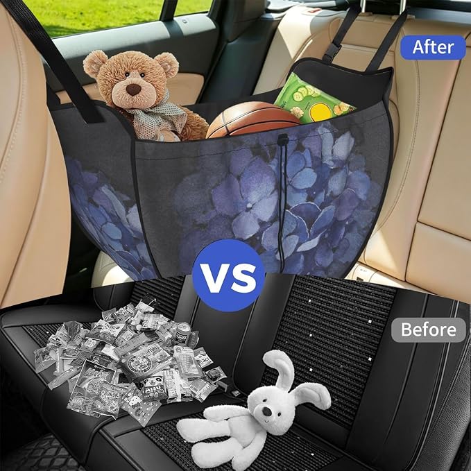 Dark Blue Bloom Car Seat Organizer-Backseat Storage Bag for Travel | Waterproof Durable. Holds Snacks Gear Essentials. Fits Most Cars.