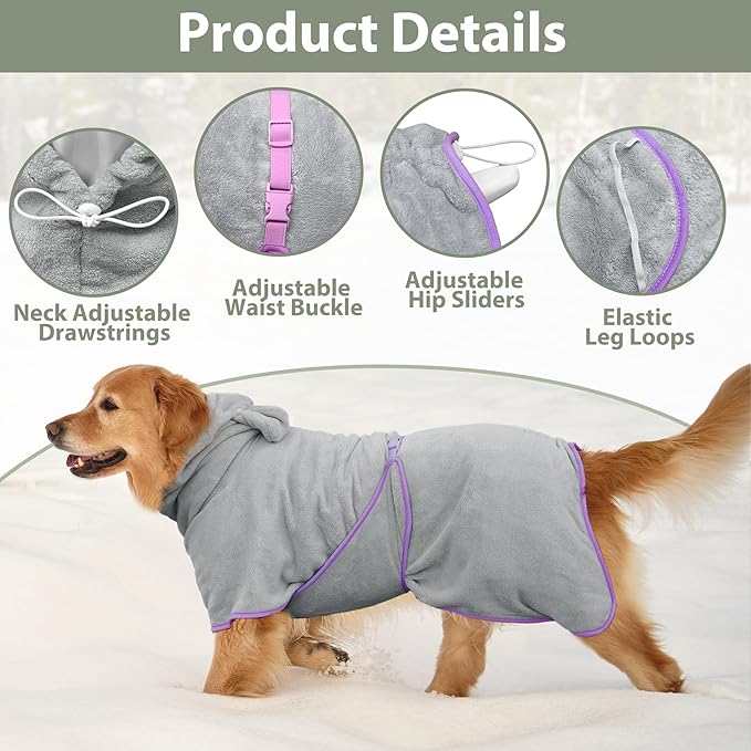 Dog Bathrobe Super Absorbent Towel Robe - Microfiber Bath Towels Fast Drying Coat for Dogs, Cute Dogs Clothes Adjustable Collar & Belly Strap Warm Keeping Hooded Dog Towel (Grey, X-Large)