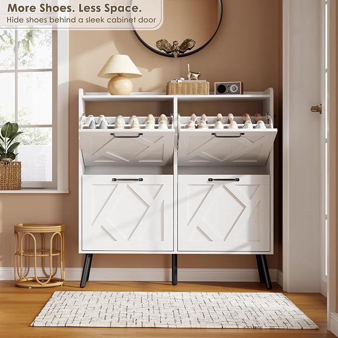 Shoe Cabinet with 4 Flip Drawers, Freestanding Shoe Organizer Cabinet with Metal Legs, Farmhouse Slim Shoe Rack Cabinet for Entryway, Foyer, Hallway, White