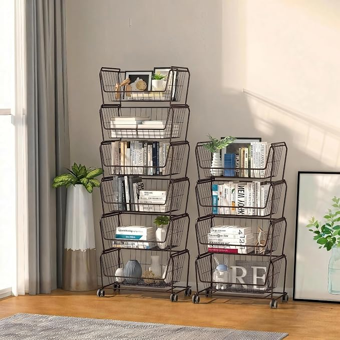 PUSDON 4-Tier Spacious Stackable Wire Storage Baskets with Wheels, Metal Rolling Utility Cart, Produce Basket for Pantry, Bathroom Organizer Shelf, Vintage Bronze