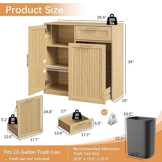 13 Gallons Pull Out Trash Can Cabinet with Storage, Natural Oak | Fluted Kitchen Trash Cabinet with Adjustable Shelf & Drawer, Hidden Wood Pet Proof Trash Can Holder for Laundry, Living Room