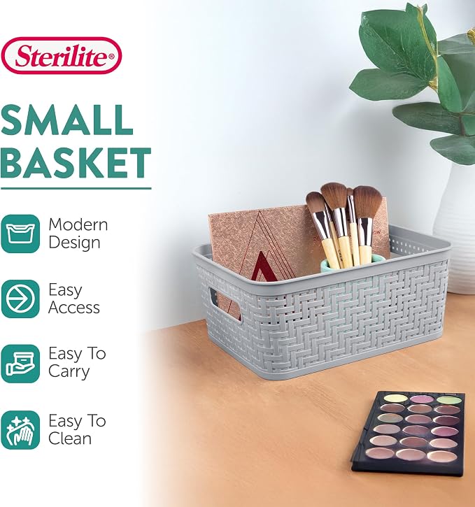 Sterilite 16 Pack Plastic Storage Bin Organization Containers, Short Baskets, Cement