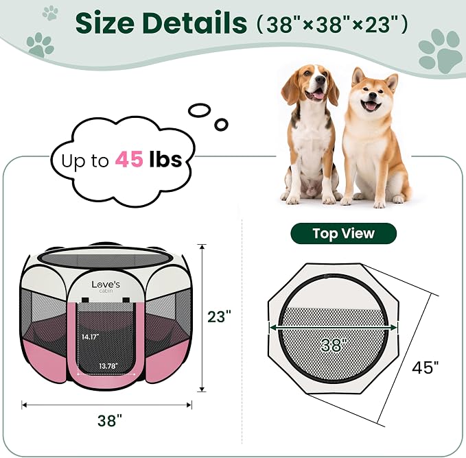 Love's cabin Pet Puppy Dog Playpen, Large Dog Tent Crates Cage Indoor/Outdoor, Portable Playpen for Cat, Foldable Pop Up Dog Kennel Playpen with Carring Case, Removable Zipper Top, Light Pink