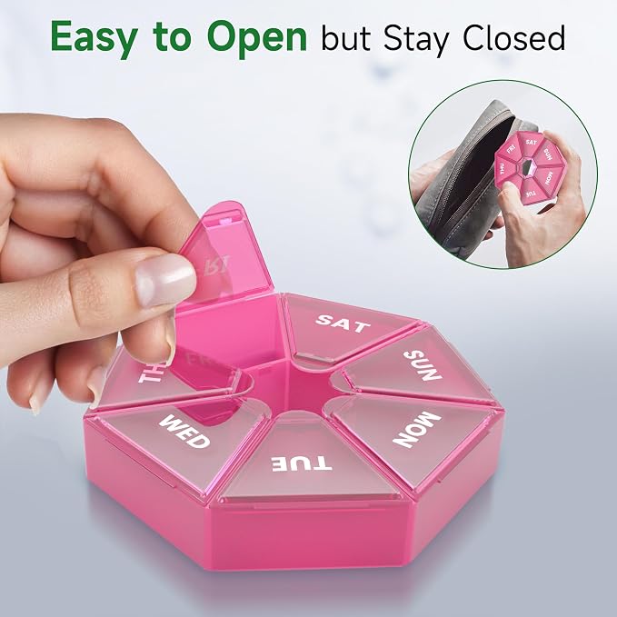 Weekly Pill Organizer, 2 Pack Portable Travel Pill Box, 7 Day Pill Case | Easy Open, BPA-Free, Arthritis Friendly Medicine Pill Container, Medicine Case for Vitamins,Supplements Medications, Red