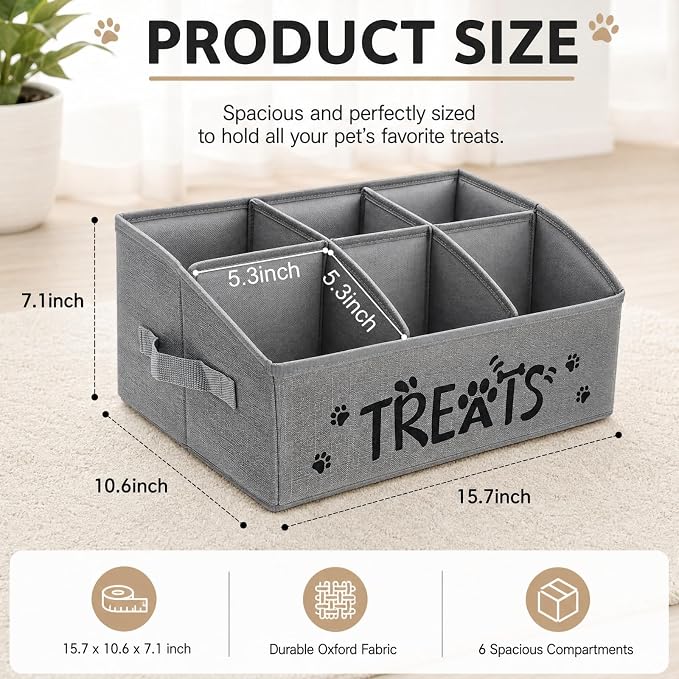 Pumtus Collapsible Dog Treat Container, Fabric Pet Food Box with Handle & Removable Divider, Countertop Cat Snack Storage Organizer, Large Pet Stuff Holder for Dog Treats Stick, Canned Food, Leashes
