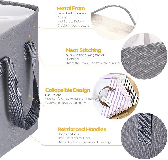 Hinwo 102L XXL Canvas Storage Bin with Lid and Handles, 4-Pack | Collapsible Fabric Baskets, Closet Shelf Organizers, Containers for Clothing, Blankets, Toys, Bedding (Gray)