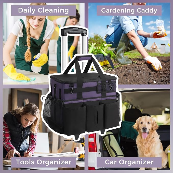 SCAVATA Rolling Cleaning Caddy Bag with Detachable Trolley, Large Cleaning Supplies Organizer with Wheels, Multi Pocket Cleaning Cart with Adjustable Shoulder Strap for Housekeeper & Home, GrapePurple