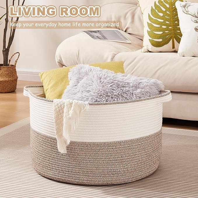 OIASKET Large Blanket Basket with Handles, 22.8" x 22.8" x 13" Woven Storage Basket for Living Room, Cotton Rope Baby Toy Storage for Clothes, Pillows, Towels-Brown & White
