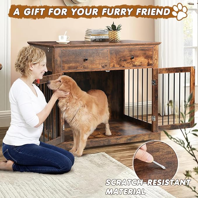 PUKAMI Large Dog Crate Furniture with 2 Drawers, 44 Inch Wooden Dog Kennel Indoor, Crate Furniture as Decorative End Table, Cage Furniture for Small Medium Large Dogs (Brown, 1-Pack Set)