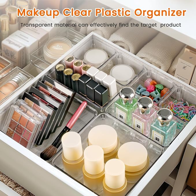Drawer Organizer, 18 Pack Large Clear Plastic Kitchen Drawer Organizers Set, 6 Size Versatile Bathroom and Vanity Drawer Organizer Trays, Storage Bins for Makeup, Bedroom, Kitchen Utensils