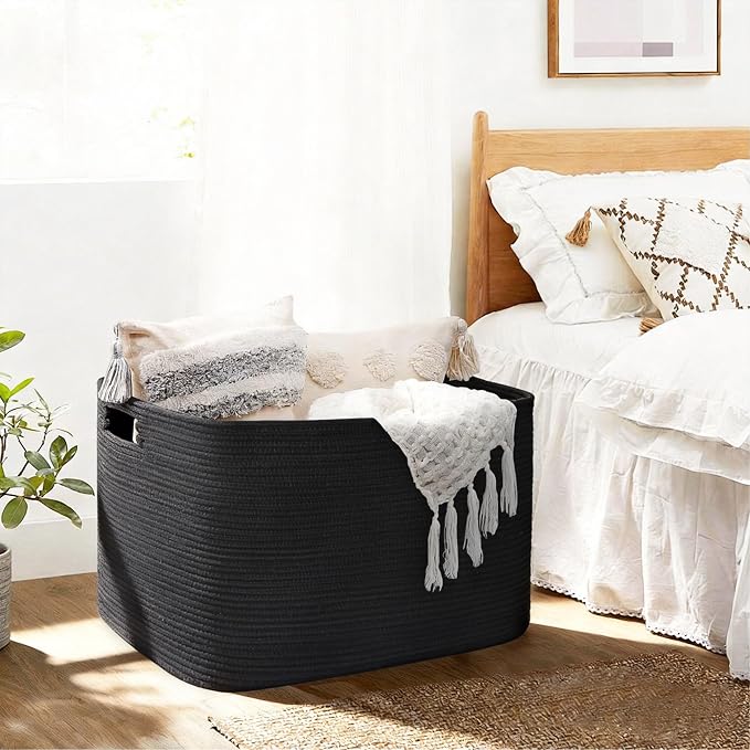 Large Black Basket for Blankets, 108L Rectangle Blanket Storage for Living Room, Jumbo Woven Rope Storage Basket, Oversized Kids Dog Toy Bin Box, Throw Pillow Holder Organizer, 25"x16"x16"