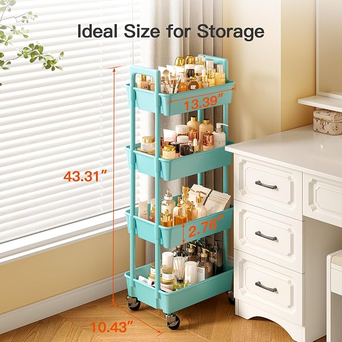 Pipishell 4 Tier Rolling Cart Organizer, Plastic Rolling Cart with Lockable Wheels & Reinforced Handle, Lightweight Utility Storage Cart for Nursery, Kitchen, Craft Room, Turquoise