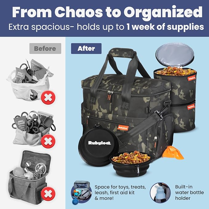 Original Doggy Bag™ Dog Travel Bag for Supplies with Travel Bowls | 2 BPA-Free Collapsible Bowls, 2 Pet Food Containers, TSA-Ready, Road Trips, Camping, Weekend Getaways, Doggy Gift, Camo