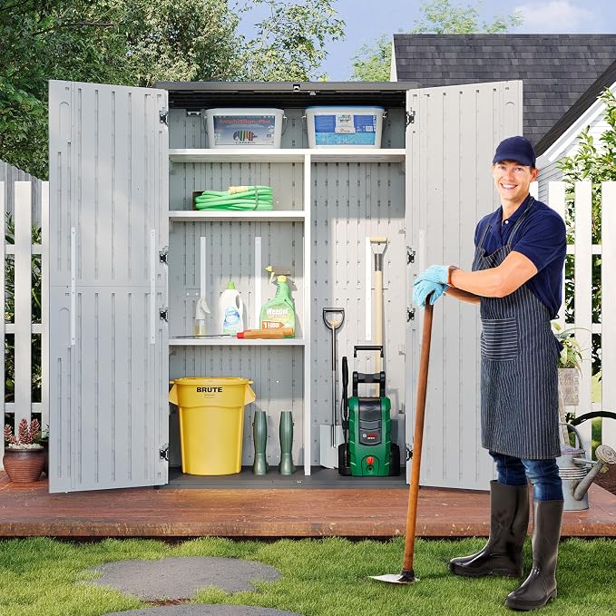 Aoxun 64 Cu.Ft Resin Storage Shed with Metal Shelving Kit & Floor, White | Vertical Waterproof Storage Cabinet for Garage, Pool, Bike, Garden Tools, Patio Furniture