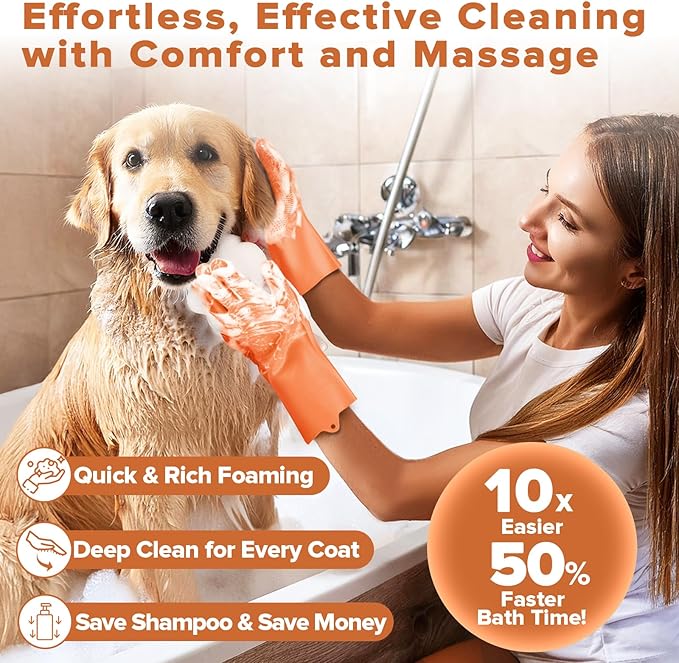 Augwind 6PCS Pet Grooming Kit for Dogs, Cats and Horses | Dog Washing Gloves | Cleanroom Gloves | Dog Bath Brush | Dog Bath Gloves | Dog Shampoo Brush | Dog Bath Supplies (Orange)