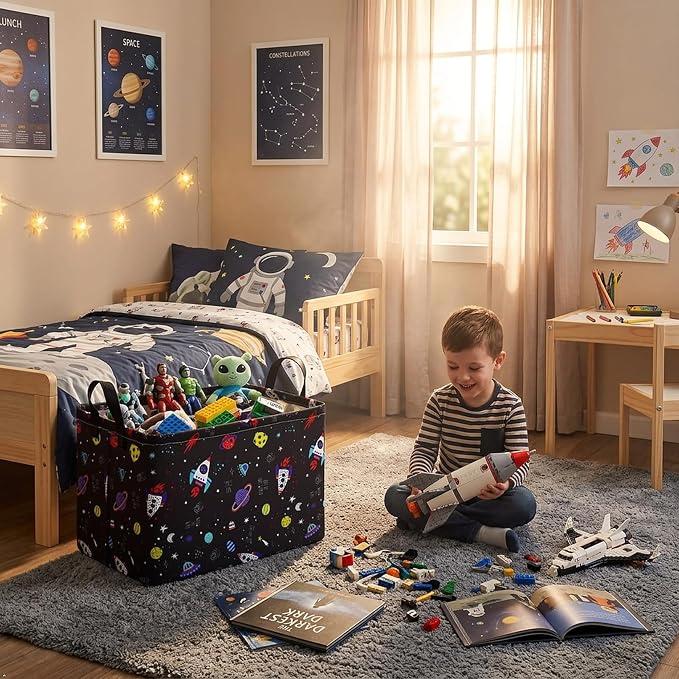 Rocket Space Kids Gifts Organizer Bin, Waterproof Lining, Leather Handles, Foldable Basket for Toys, Laundry, Blankets & Nursery Storage
