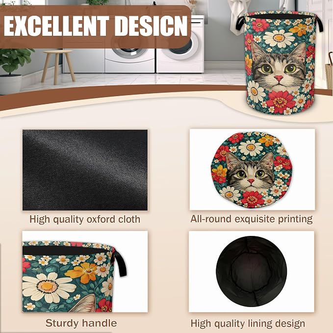 Cute Cat Laundry Baskets,Blooming Colorful Flowers Laundry Hamper,Storage Basket with Handles for Bathroom Bedroom College Dormitory Living Room Nursery Organizer 16"x20.8"
