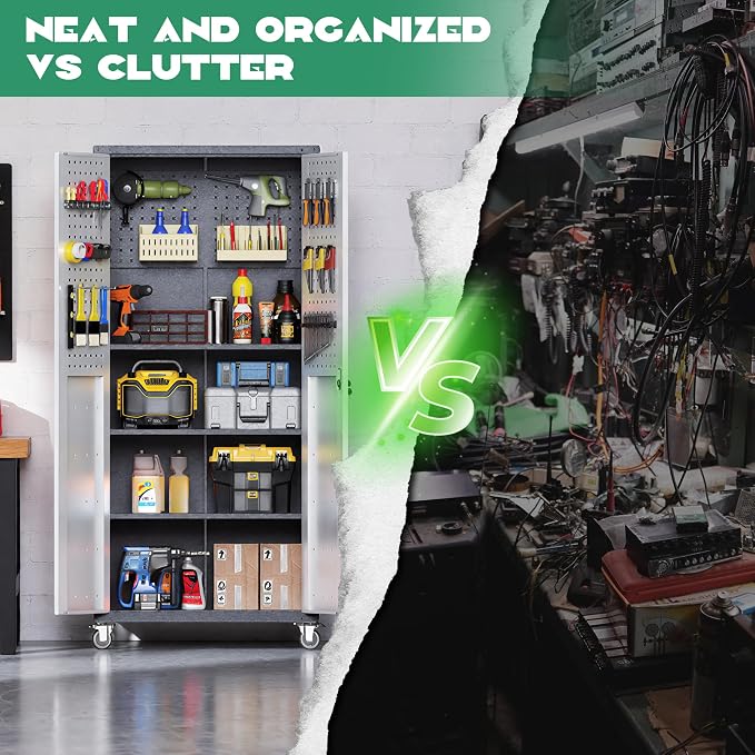 Garage Metal Storage Cabinet,71" Rolling Tool Cabinet with Pegboard and 3 Adjustable Shelves,Heavy-Duty Shelving Unit with Lockable Doors for Garage,Workshop,Home & Office Organization