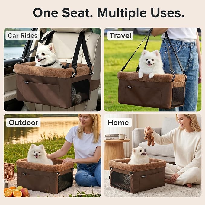 JOEJOY Deluxe Dog Booster Seat with Sturdy Metal Frame and Safety Leash for Small Pets up to 20 lbs - Portable Puppy Dog Car Seat with Thick Cushion and Storage Pockets for Small Dogs, Brown