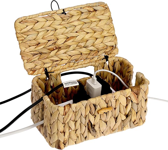 BTSKY Woven Cable Management Box with Lid Water Hyacinth Cord Organizer, S | Cable Organizer Box with 2-Open Slots to Hide Power Strips USB Hubs for Desk, Home & Office, Pet Proofing Cord Basket