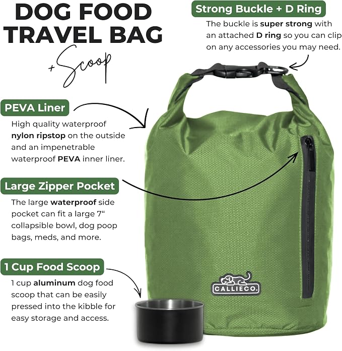 Callieco Dog Food Travel Bag w/ 1 Cup Scoop and Zipper Side Pocket | Waterproof Kibble Storage Container for Home, Road Trips, Camping, Boarding and More (Green, 32 Cups)