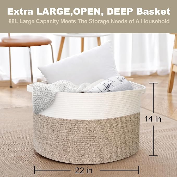 MEGASKET Large Rope Storage Basket, 22" X 22" X 14" Extra Large Woven Baskets for Storage, Cotton Rope Basket for Blankets Toys, Wicker Storage Baskets for Organizing, Wicker Laundry Basket Hamper