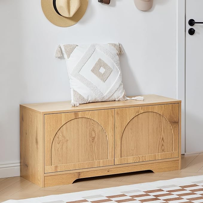 BERRYMERRY 39.4" Fluted Shoe Storage Bench for Entryway | Arched Door,Entryway,End of Bed,Shoe Cabinet,Adjustable Shelf,Bedroom,Natural,Mid Century Modern,2 Tier