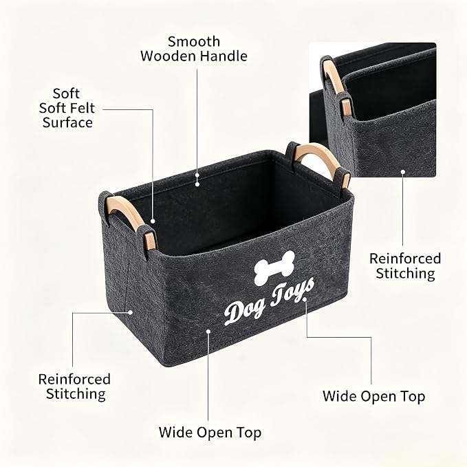 Dog Toy Storage Basket, Felt Pet Toy Organizer with Wooden Handles, Collapsible Pet Supplies Storage Bin for Dog Cat Toys, Treats, Accessories, Home Office Closet Organizer (Dark+Light Gray)
