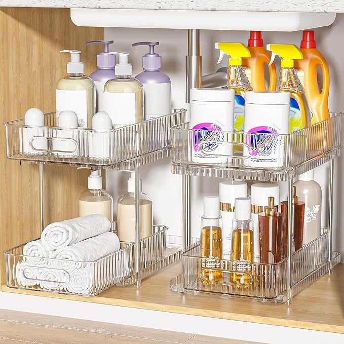 2 Pack Under Sink Organizer and Storage, 2 Tier Pull-Out Bathroom Organizers for Cabinet, Kitchen, Clear