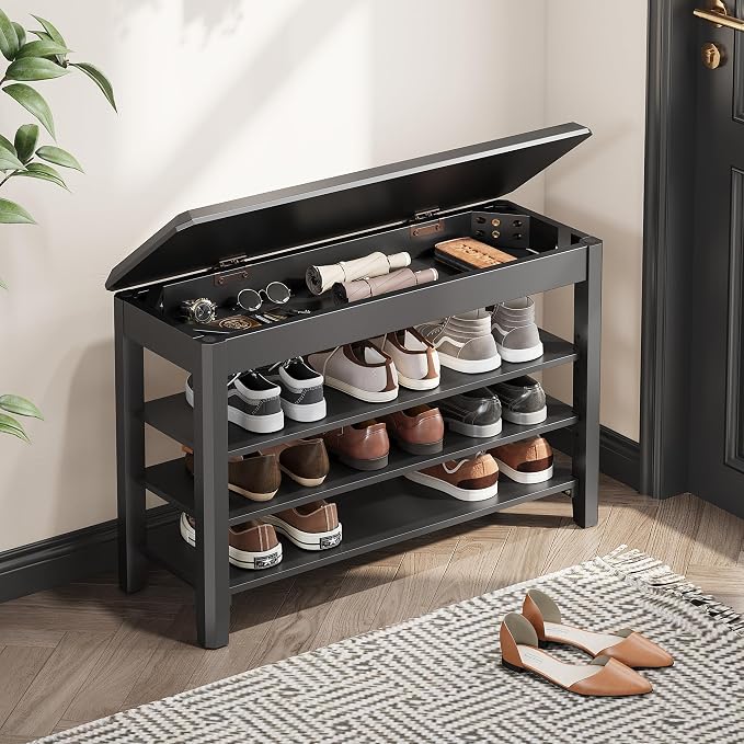 IUNVR Shoe Rack Bench Seat Rubberwood 3-Tier Wooden Storage Bench 550lbs Compact Mid-Century Modern Design for Entryway, Hallway, Closet, Front Door Entrance, Foyer