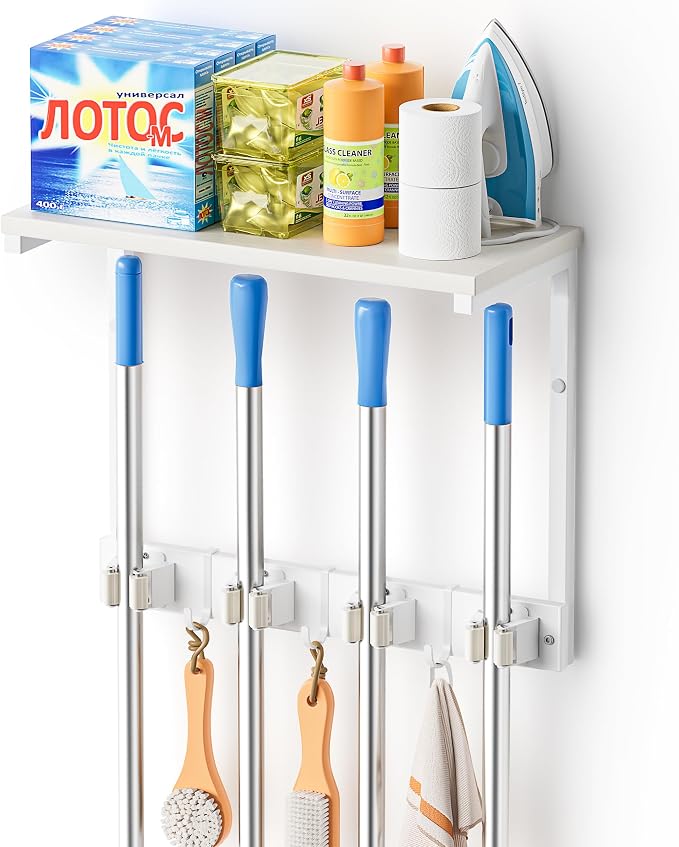 Olakee Broom Holder Wall Mount with Cleaning Supplies Organizer, Laundry Room Organization and Storage Shelves, Mop Hanger Rack with Hooks, Utility Shelf Closet Organizer for Garage Home Improvement