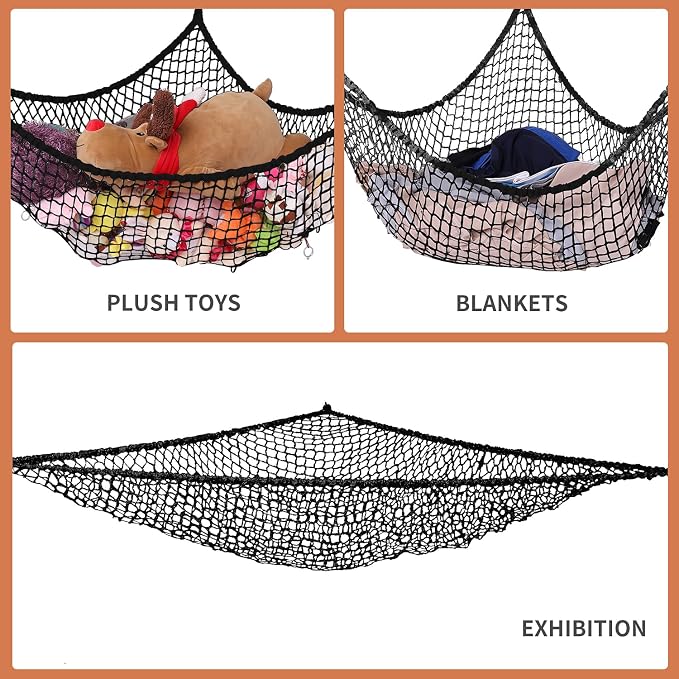Stuffed Animal Hammock, Toy Hammock Storage Net, LXUNYI Mesh Toy Net Holder Jumbo Wall Corner Giant Baby Kids Children Stuff animals Hammocks Net Organizer for Bedroom (Black, 84 inch)