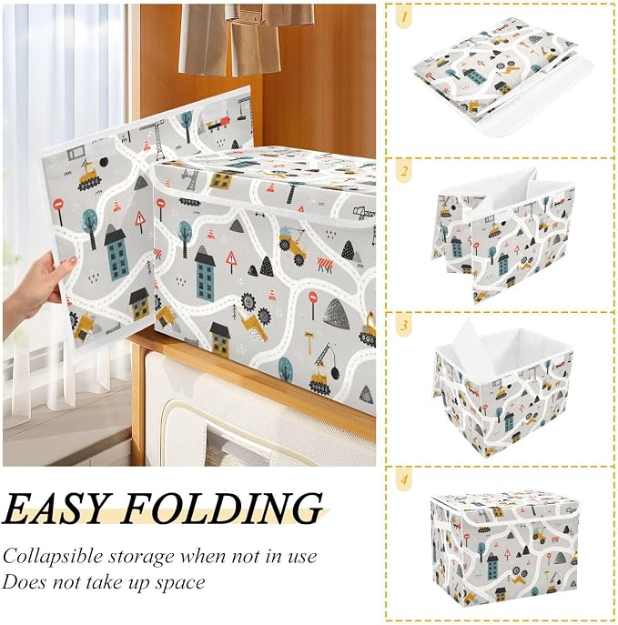 Car Map Pattern Storage Bins with Lids Closet Bedroom 40L Fabric Bin | Decorative Storage Boxes, Foldable & Stackable, Dust-Proof Flip Top, Reinforced Handles, For Home & Dorm, Clothes & Toy Box
