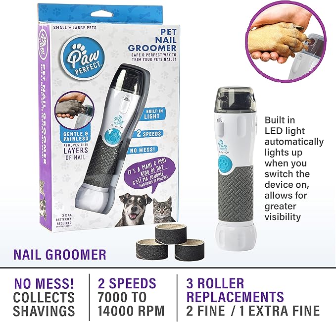 Bell+Howell Pawperfect Cordless Dog and Cat Nail Trimmer Rotating File with Safety Guard, 5000-7000 RPM's, Gentle and Painless Dremel Dog Nail Grinder w/ 3 Modes with 3 Replacement Rollers