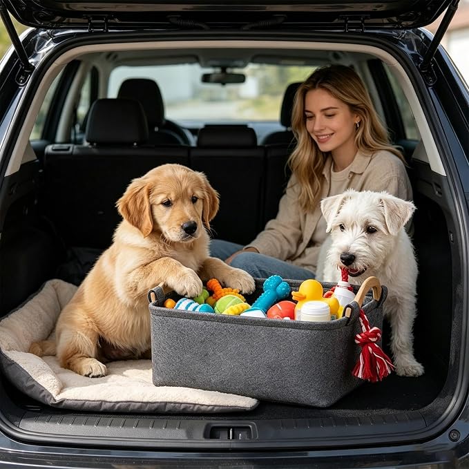 Basket for Dog Toys Felt Cute Foldable Organizer with Wooden Handle | Pet Toy Basket for Kids Blankets Collars Leashes Indoor Outdoor Home Garage Dorm Traveling Laundry Room