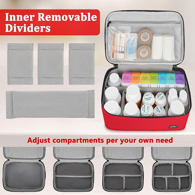 LEFOR·Z Medicine Storage Bag,Double Layers Pill Bottle Organizer Bag Empty | Medical Supplies Bag with Lockable Zipper & Adjustable Divider,Medication Travel Carrying Bag for Pills,Vitamins,Red