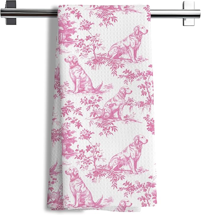 Nipi Pink Chinoiserie Golden Retriever Kitchen Towels, Pink Floral Golden Retriever Decorative Dish Tea Towels, Grandmillennial Botanical Dog Hand Towels for Kitchen Bathroom, 16x24 Inch