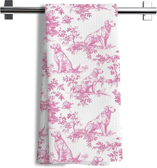 Nipi Pink Chinoiserie Golden Retriever Kitchen Towels, Pink Floral Golden Retriever Decorative Dish Tea Towels, Grandmillennial Botanical Dog Hand Towels for Kitchen Bathroom, 16x24 Inch