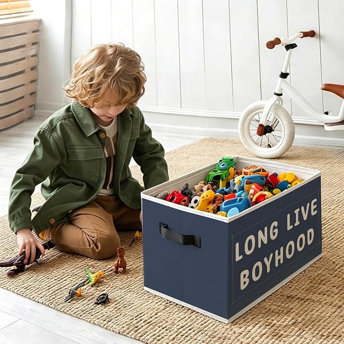 Boy Nursery Foldable Storage Bins Box with Handles, Long Live Boyhood Navy Blue Decorative Storage Boxes Baskets Toybox Organizer for Kids Boy Nursery Toddler Room Bedroom Playroom