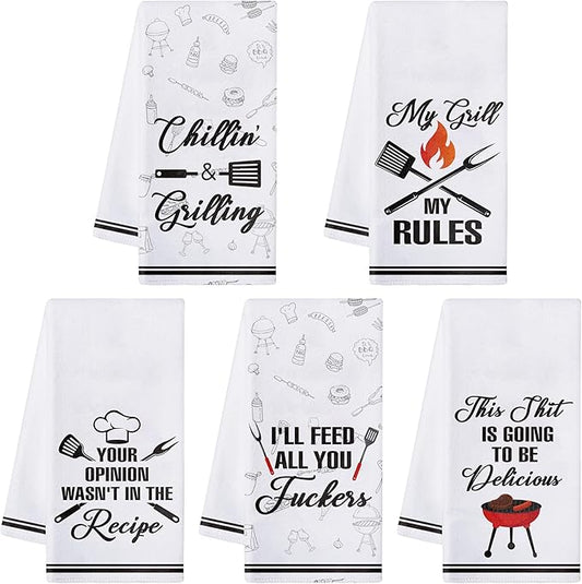 R HORSE 5Pcs BBQ Grilling Dish Towel Funny Barbecue Cooking Absorbent Kitchen Dishcloth Grilling Themed Cleaning Dishcloth Bar Hand Towel Gifts for Chef Men Women Housewarming