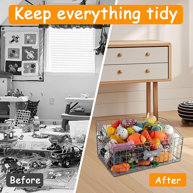 Geyecete Toy box for dogs large Dog Toy organizer Pet wire folding basket DOG TOY container dog toy box-Chew-Proof Dog Food Toy Storage-Gray