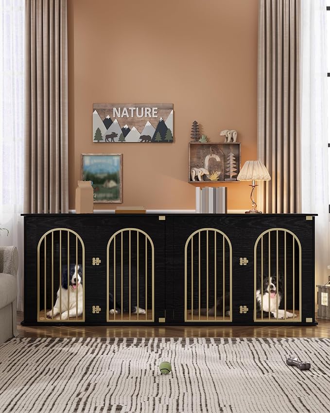 Hzuaneri 86.6" Double Dog Crate Furniture, Dog Kennel Indoor with Cushion | Heavy Duty Dog Crate Furniture for 2 Dogs,Dog Cage End Table TV Stand with Divider for Med-Large Dogs,Black Gold DFC84004AV1