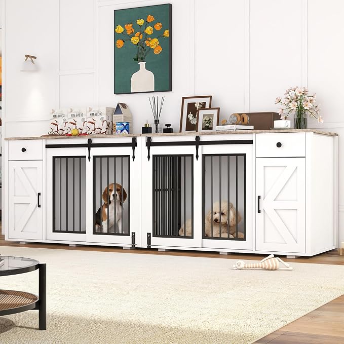 Verano Garden 88" Dog Crate Furniture, Dog Kennel Cage, White (88") | 2-in-1, Lockable, Decorative, Sliding Door, Removable Divider, Adjustable Shelf, Farmhouse, Heavy Duty, Small Medium Dogs