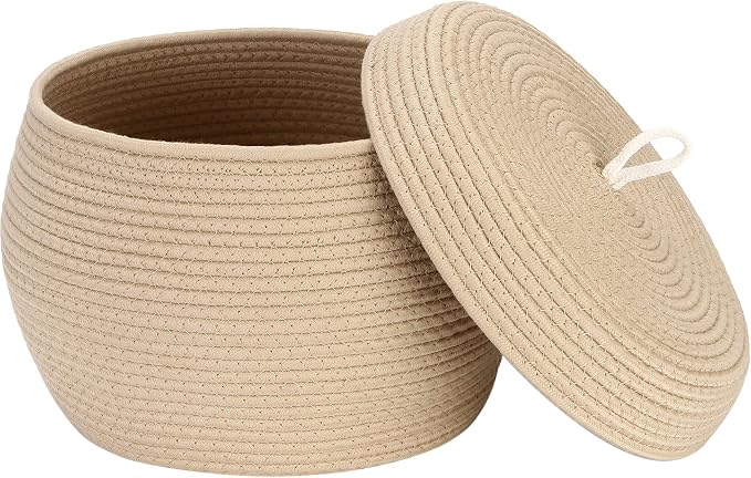 Sea Team Round Woven Cotton Rope Storage Basket with Lid, Khaki | Lidded Knitted Decorative Storage Bin, Pot, Caddy, Organizer, Container for Snacks, Towels, Plants, 13 x 9 Inches