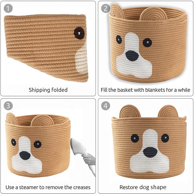 Medium Dog Woven Baskets with Handle, Dog Toy Hamper, Cotton Rope Dog Toy Storage Baskets for Pet, Animal Basket for Kids, Baby Gift Baskets for Dog Lovers, Khaki