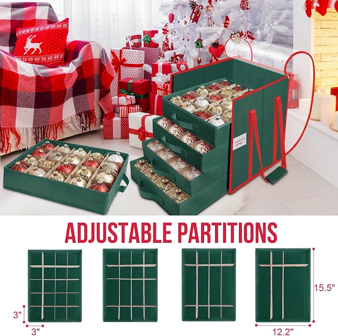 Christmas Ornament Storage Box,5 Tier Holds Up to 100-3” Holiday Décor | Xmas Ornament Organizer Container,Adjustable Dividers,Organizer Bin to Protect and Store Holiday Décor , 600D Oxford Fabric