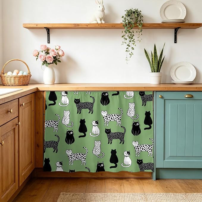 Cat Animal Sink Skirt 11"Wx13"L,Dustproof Under Sink Curtain with Self Adhesive Tape,Sage Green Earthy Tone Vintage Pet Modern Cabinet Curtain Cover for Bathroom Vanity,Kitchen Cabinet Storage Shelf